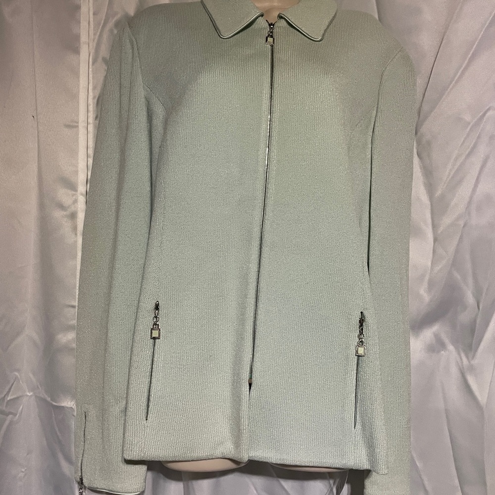 St. John Pale Mint Zip-Front Knit Blazer